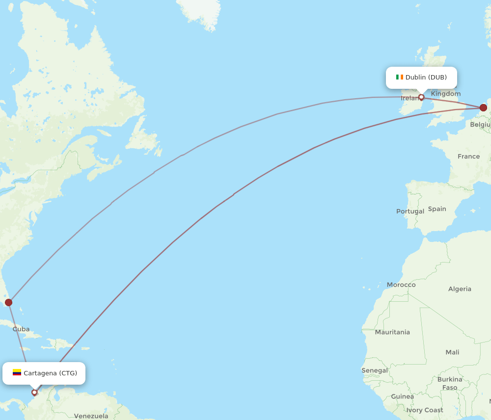 Dublin - Cartagena route map and flight paths
