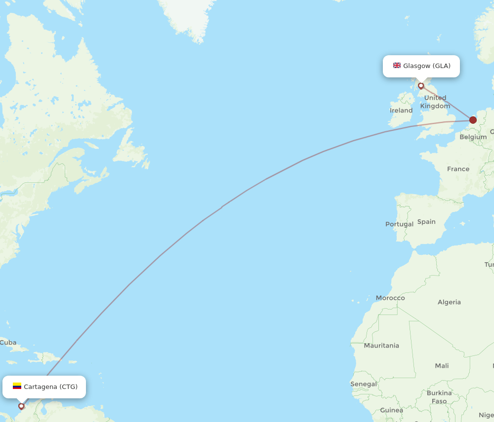 Glasgow - Cartagena route map and flight paths