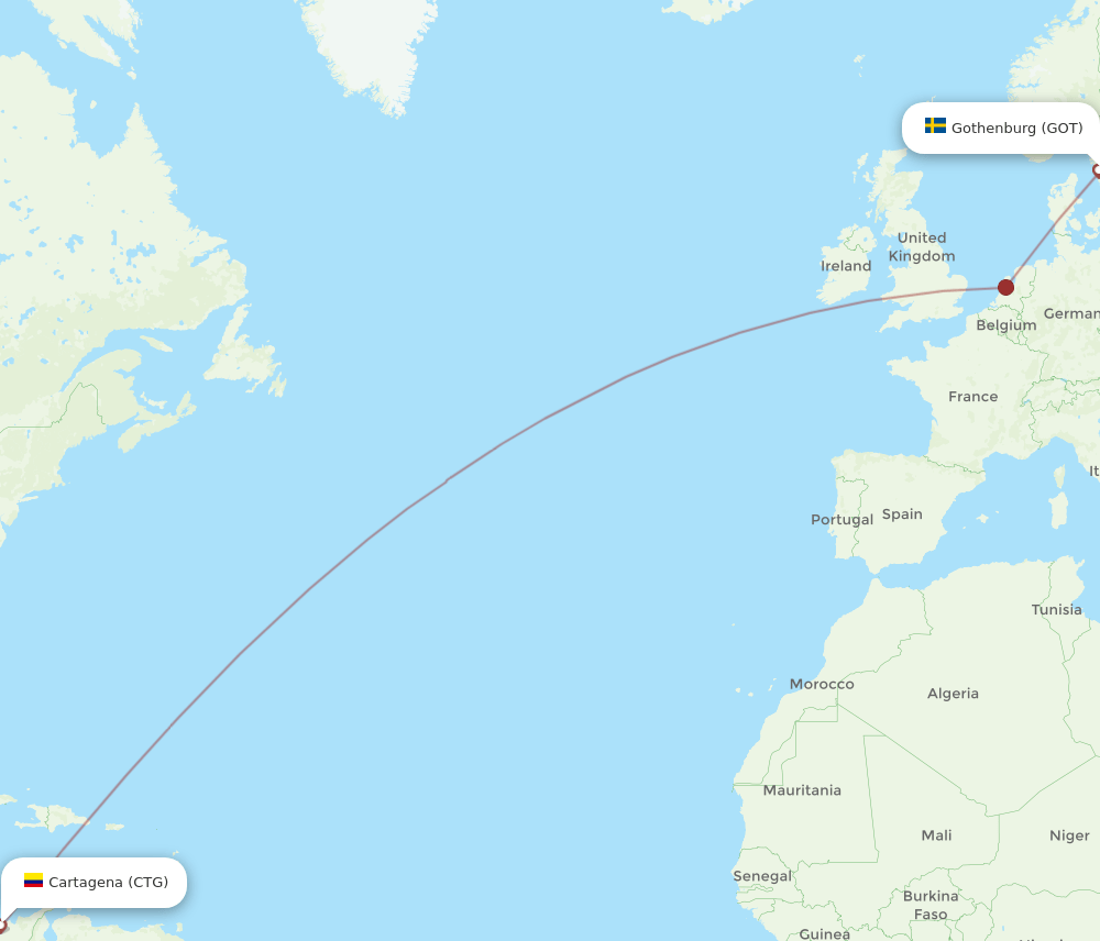 Gothenburg - Cartagena route map and flight paths