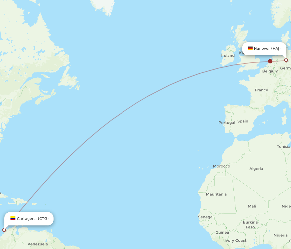 Hanover - Cartagena route map and flight paths