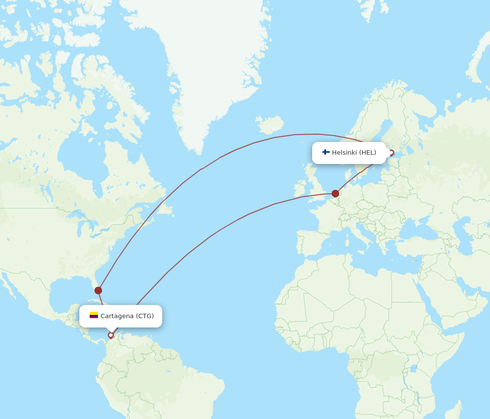 Helsinki - Cartagena route map and flight paths