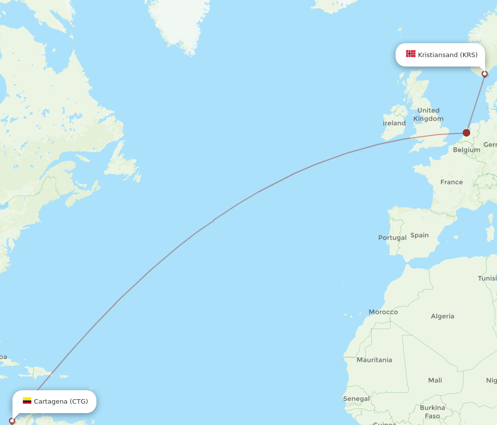 Kristiansand - Cartagena route map and flight paths