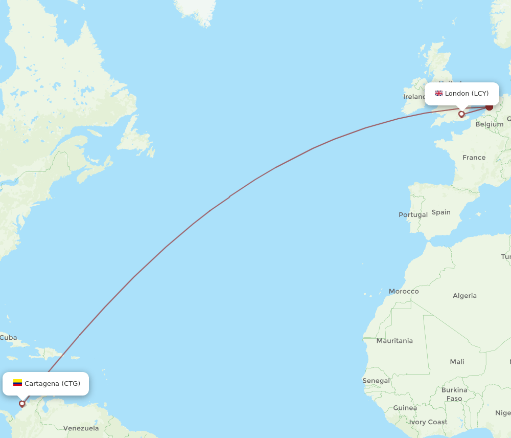 London - Cartagena route map and flight paths