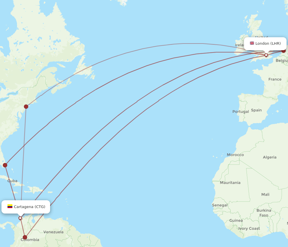 CTG-LHR flight routes