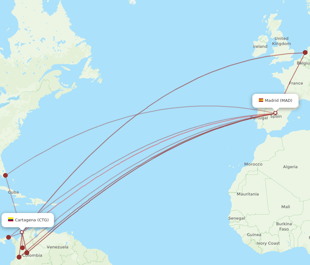 CTG to MAD flights and routes map