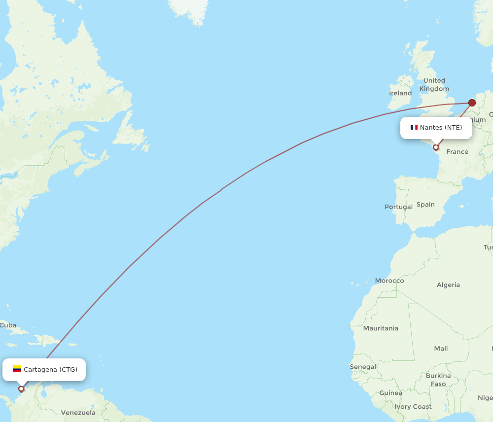Nantes - Cartagena route map and flight paths