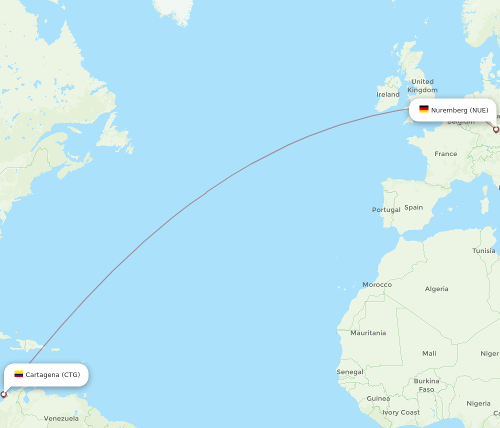 Nuremberg - Cartagena route map and flight paths