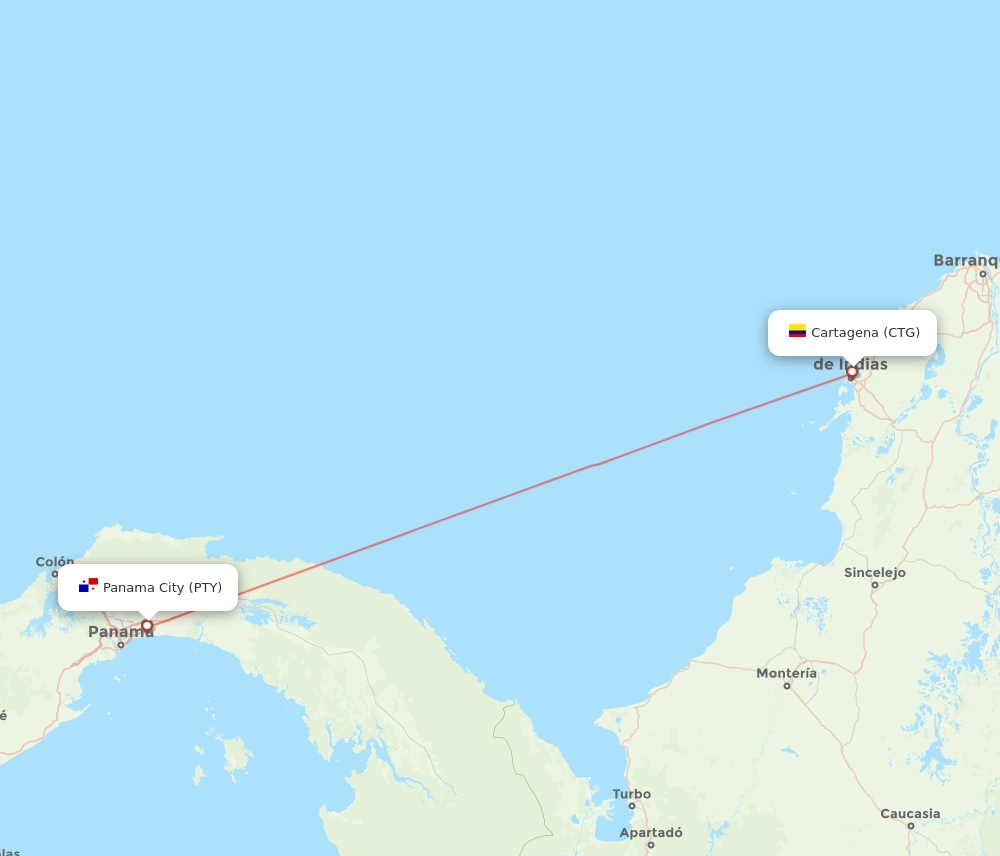 Cartagena - Panama City route map and flight paths