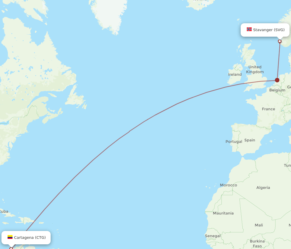 Stavanger - Cartagena route map and flight paths