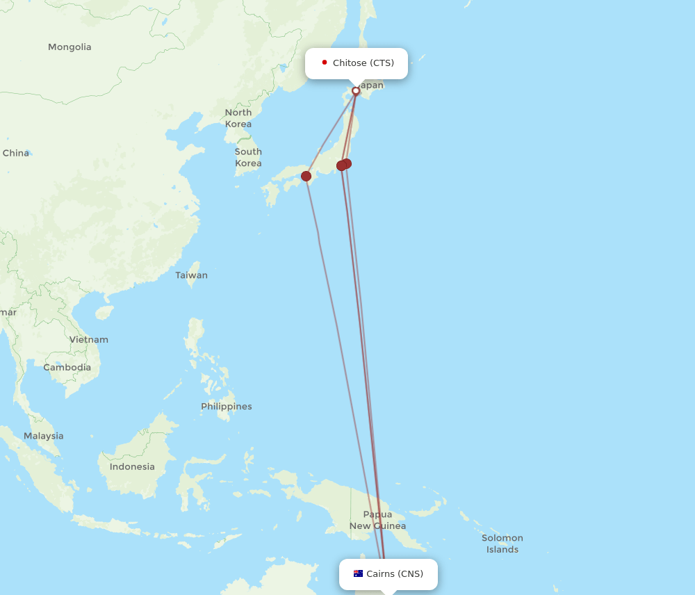 Cairns - Sapporo route map and flight paths
