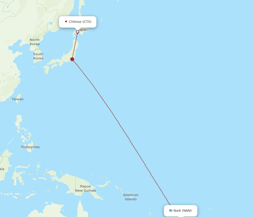 Nadi - Sapporo route map and flight paths