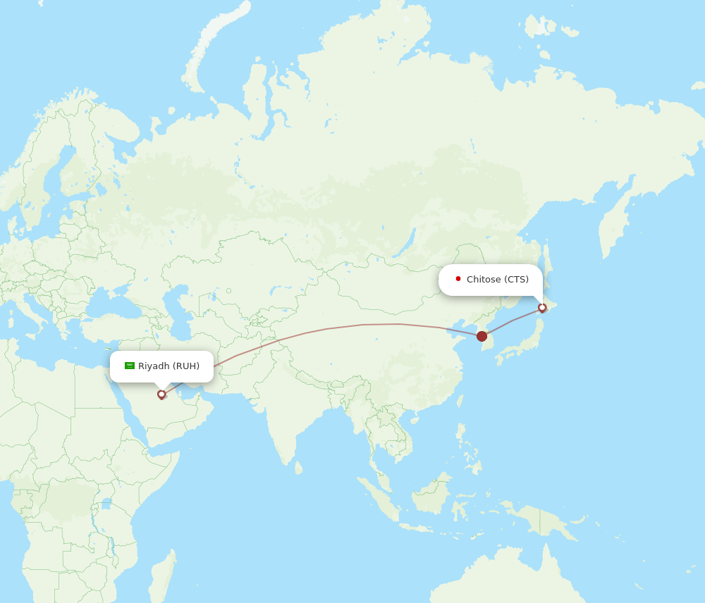 Riyadh - Sapporo route map and flight paths