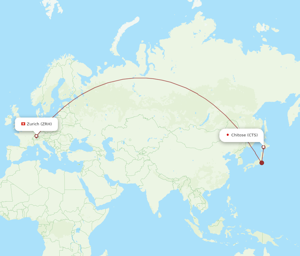 Zurich - Sapporo route map and flight paths