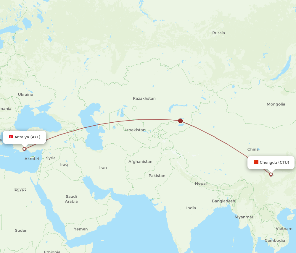 Antalya - Chengdu route map and flight paths