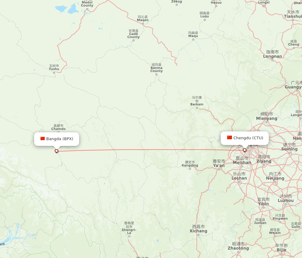 Chengdu - Bangda route map and flight paths