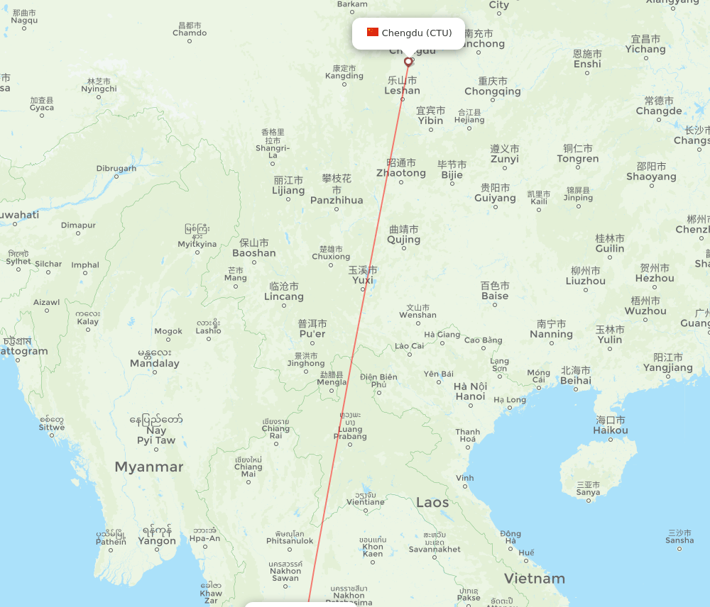 Chengdu - Bangkok route map and flight paths