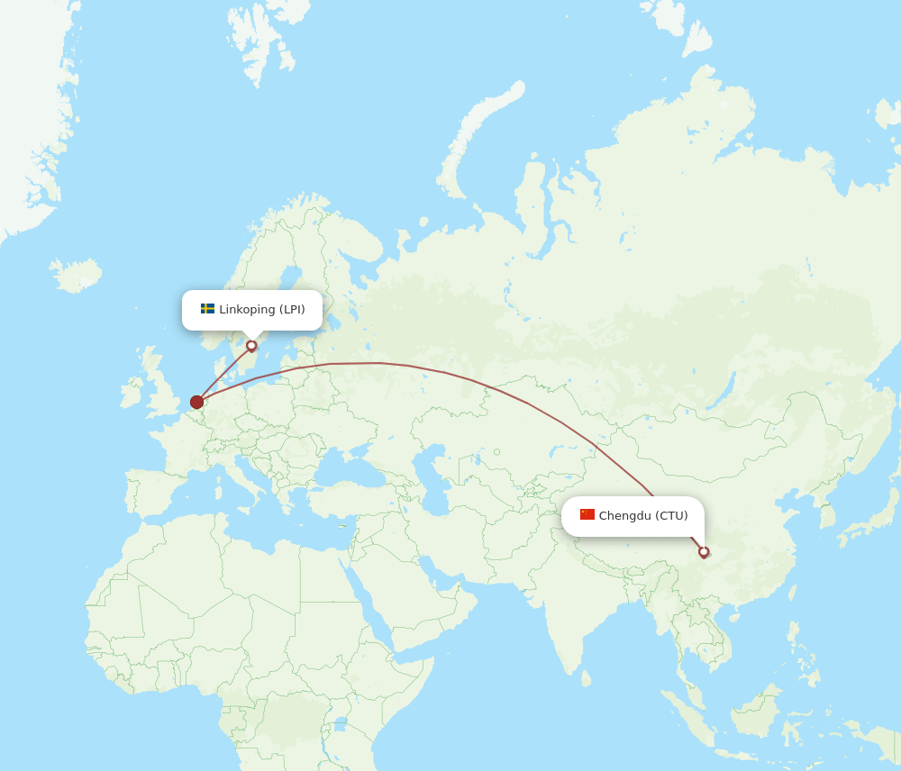 Chengdu - Linkoping route map and flight paths