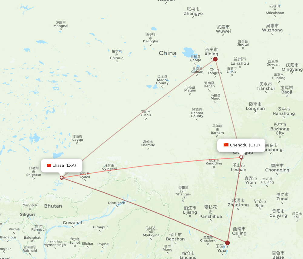 CTU to LXA flights and routes map