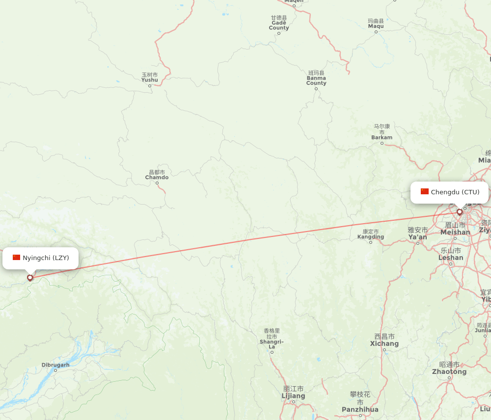 Chengdu - Nyingchi route map and flight paths