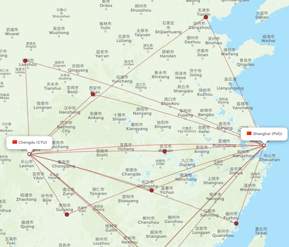 CTU to PVG flights and routes map