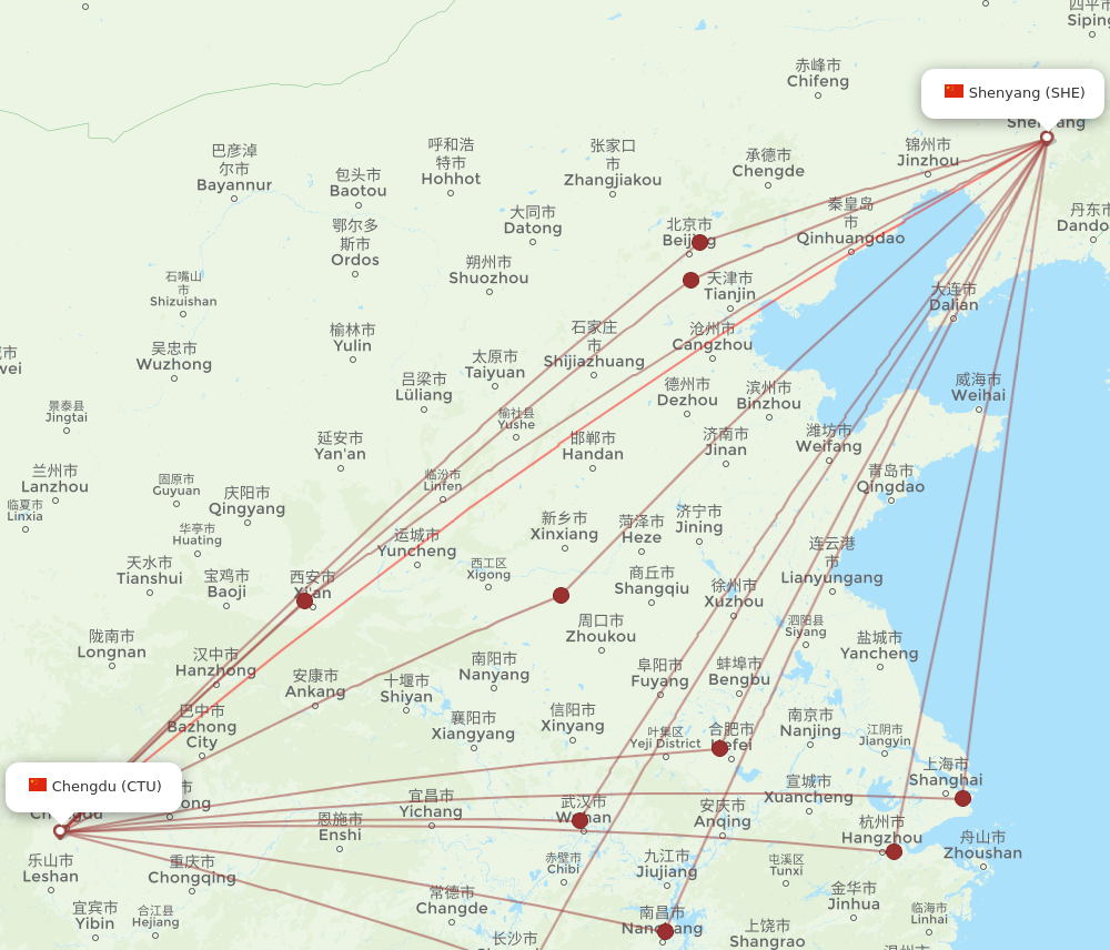 CTU to SHE flights and routes map