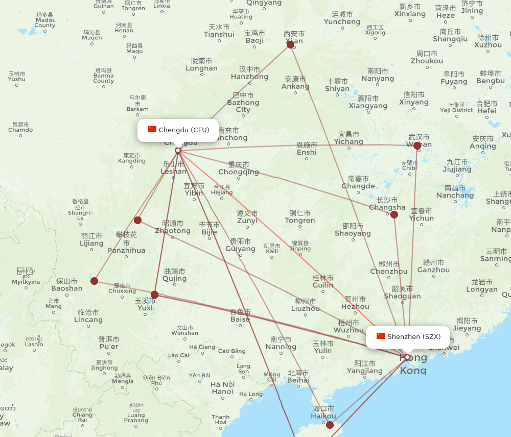 CTU to SZX flights and routes map