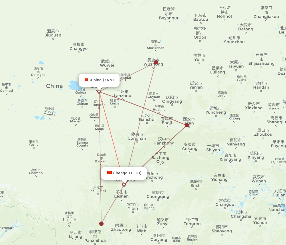 CTU to XNN flights and routes map