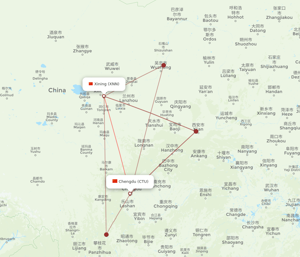 Chengdu - Xining route map and flight paths