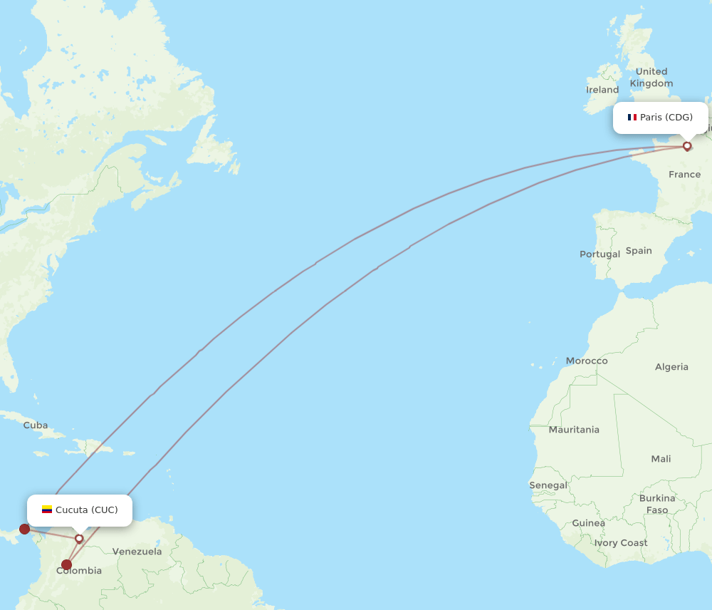 Paris - Cucuta route map and flight paths
