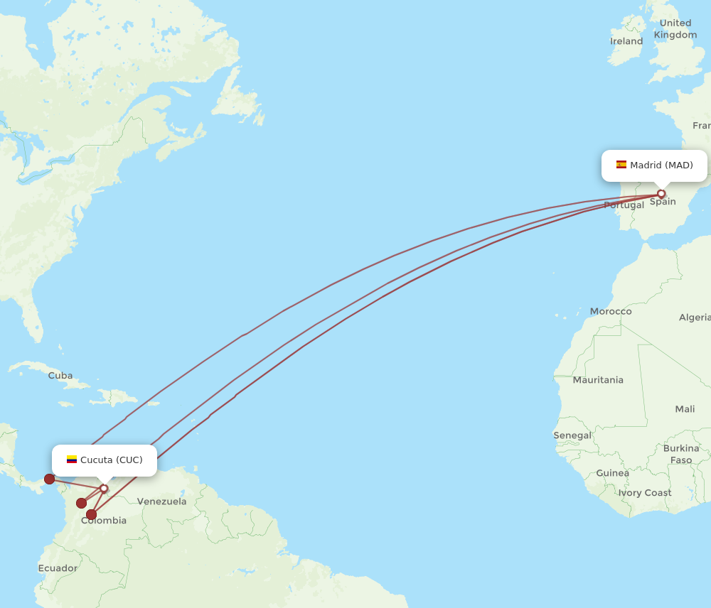 CUC to MAD flights and routes map
