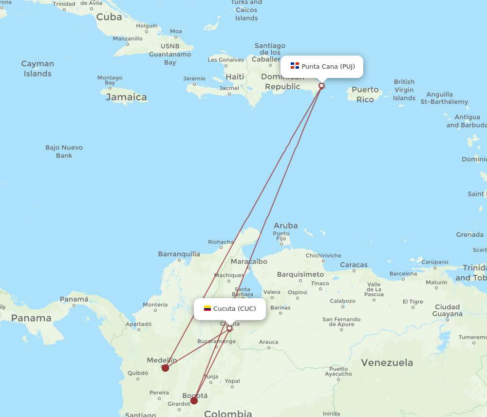 CUC to PUJ flights and routes map