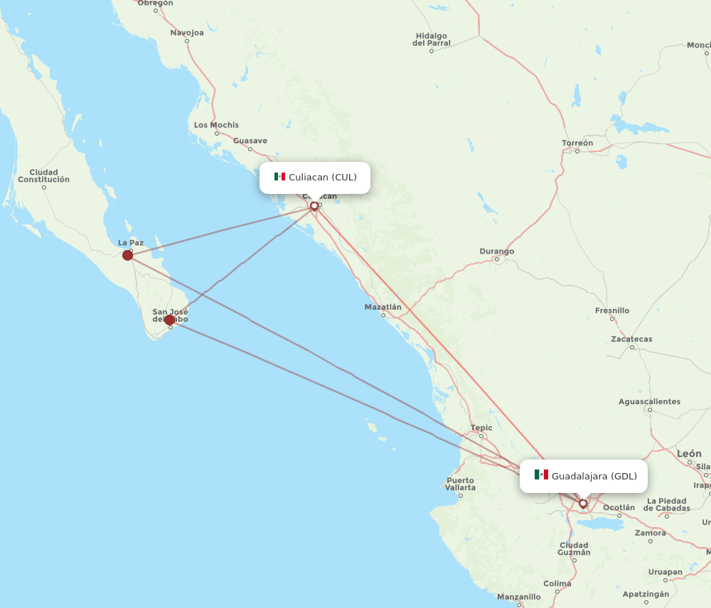 CUL to GDL flights and routes map