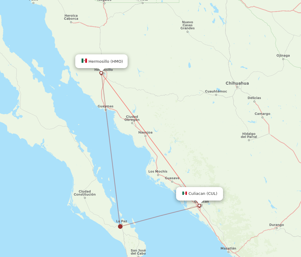 Culiacan - Hermosillo route map and flight paths