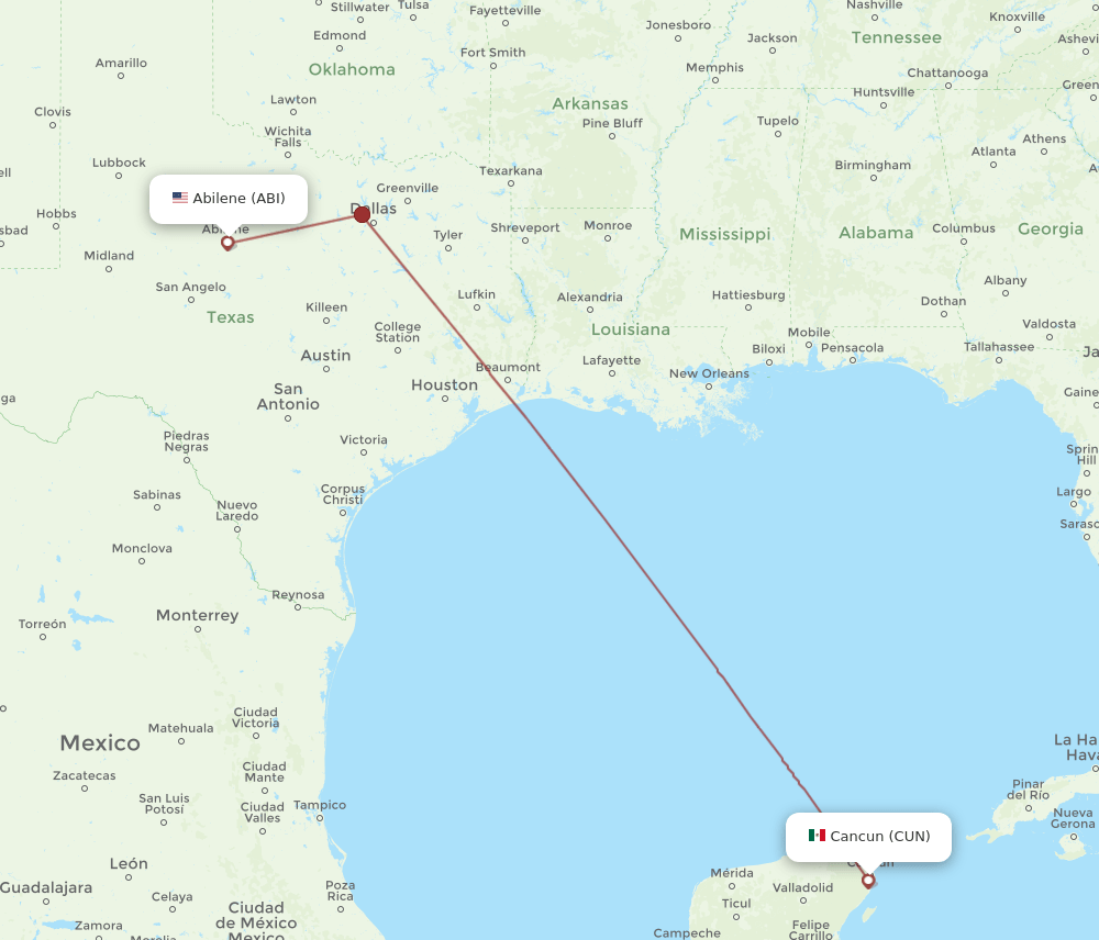 CUN to ABI flights and routes map
