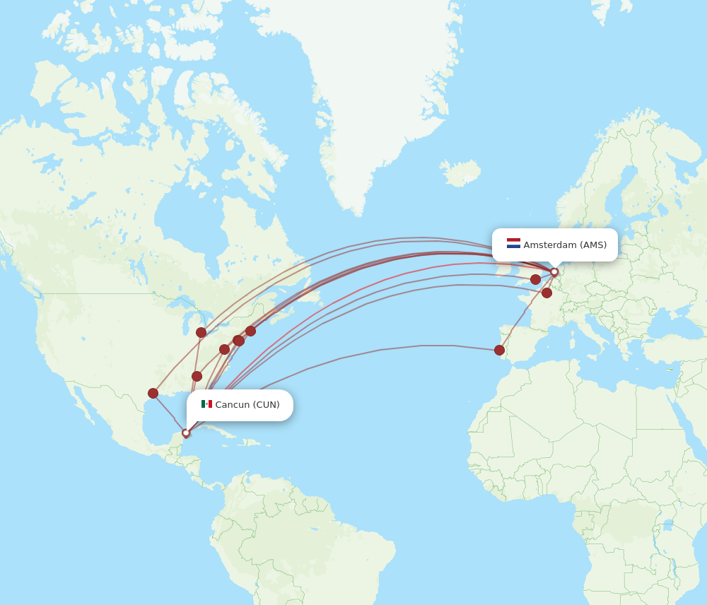 CUN to AMS flights and routes map