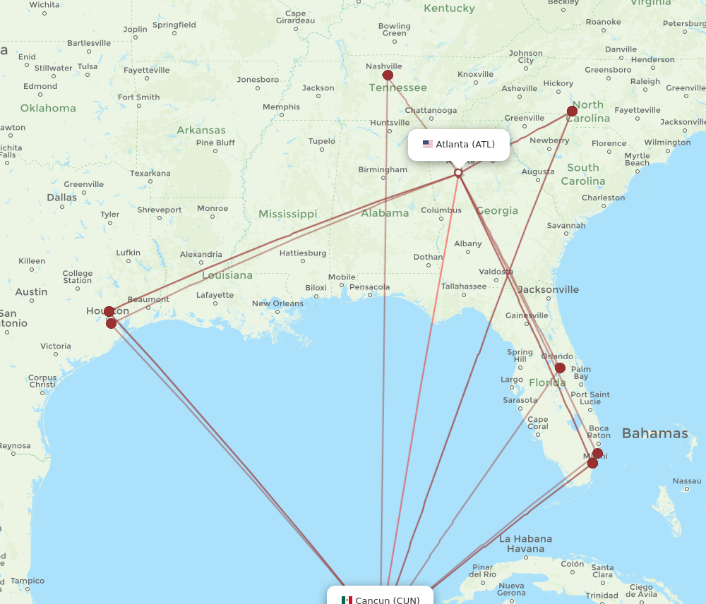 CUN to ATL flights and routes map