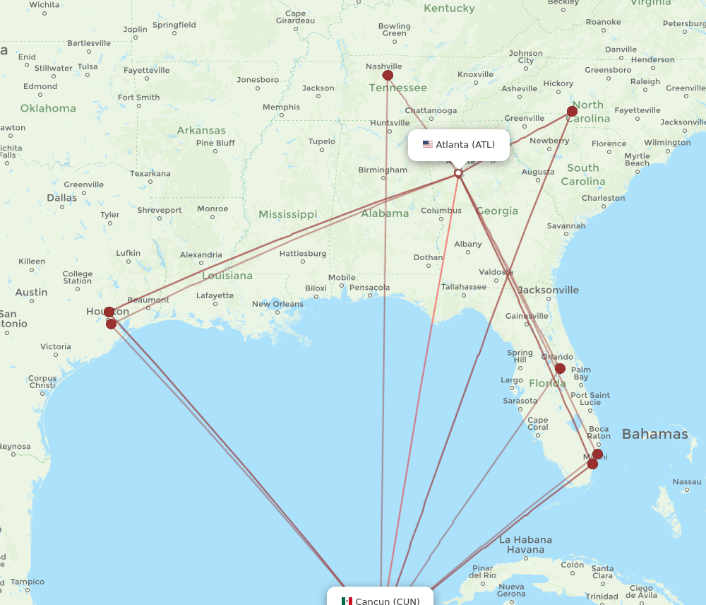 CUN to ATL flights and routes map