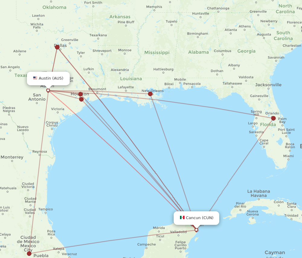CUN to AUS flights and routes map