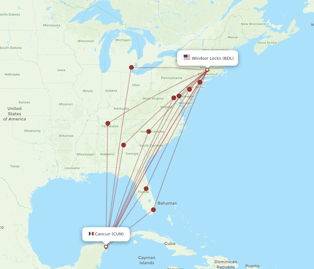 CUN-BDL flight routes