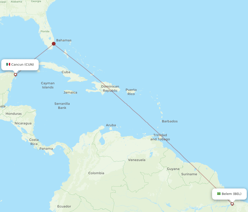 Belem - Cancun route map and flight paths