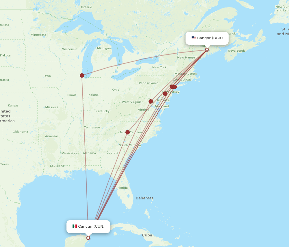 CUN-BGR flight routes