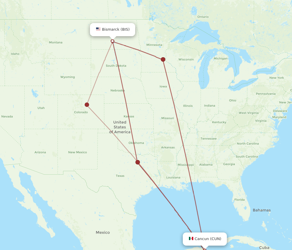 CUN to BIS flights and routes map