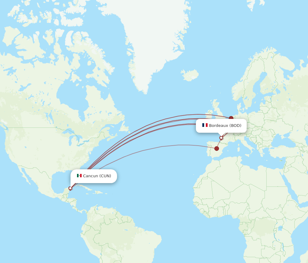 CUN to BOD flights and routes map