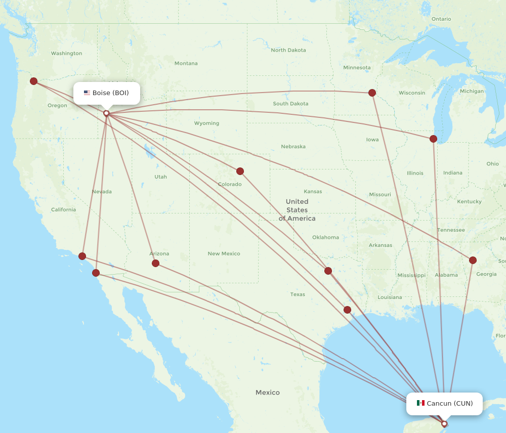 CUN to BOI flights and routes map