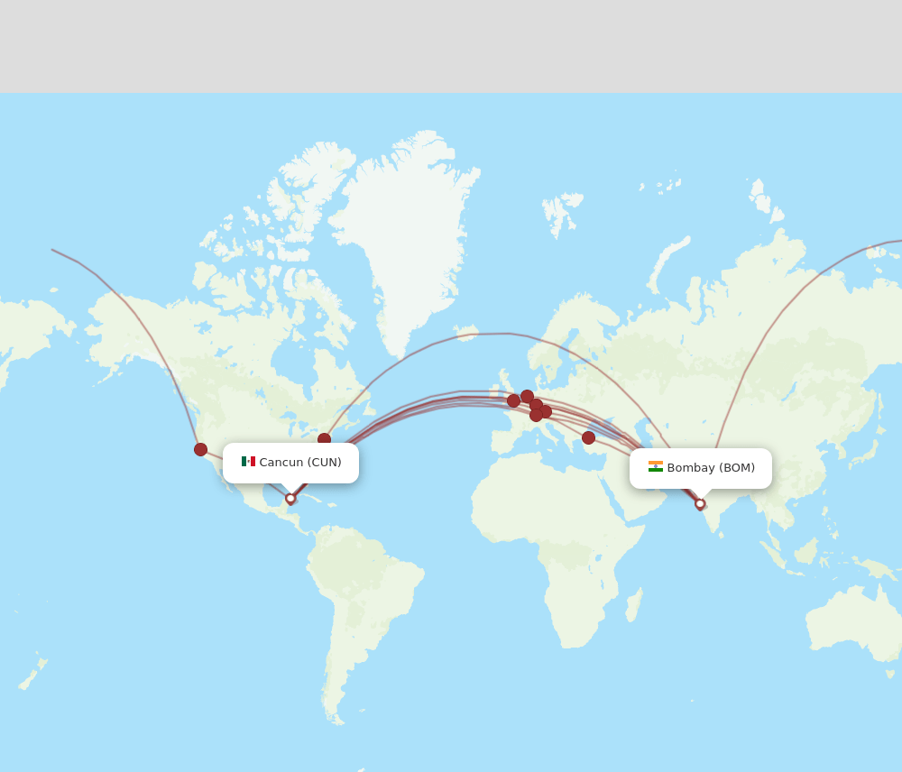 CUN to BOM flights and routes map