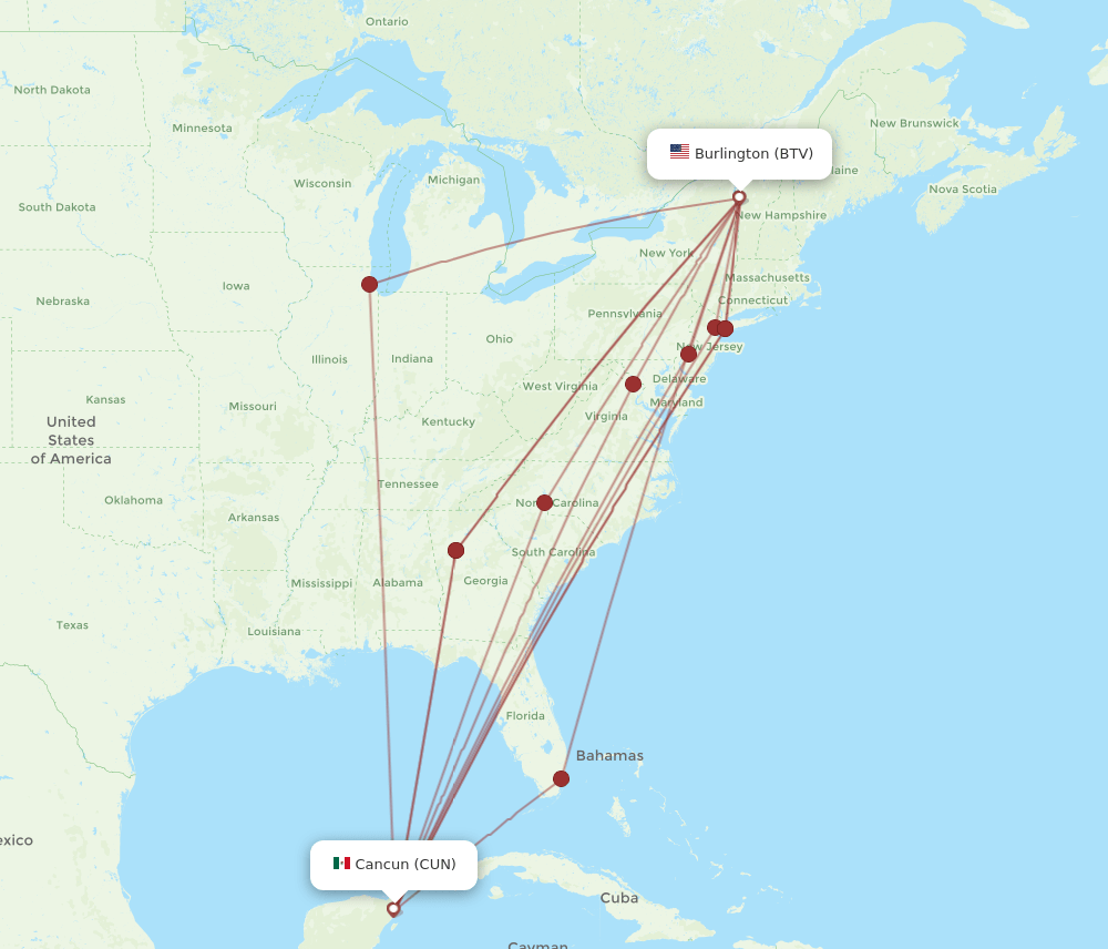 CUN-BTV flight routes