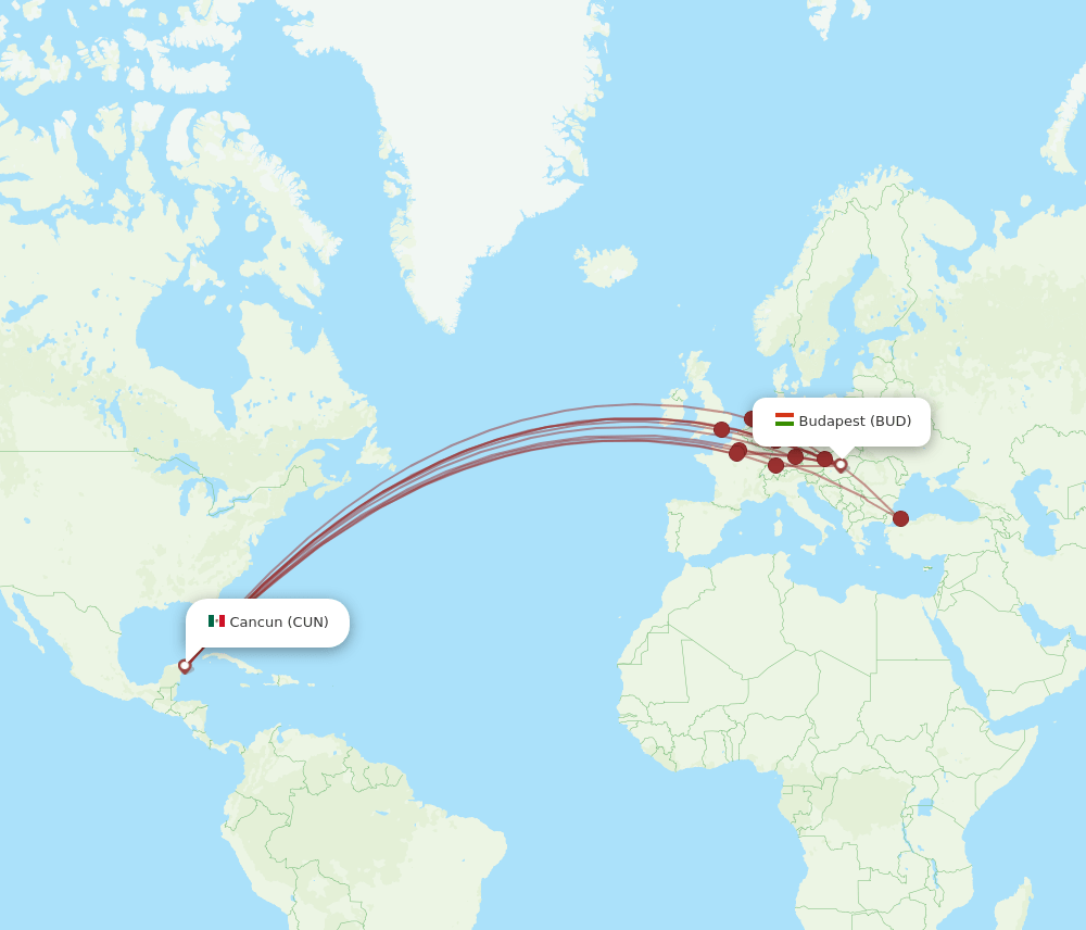 CUN to BUD flights and routes map