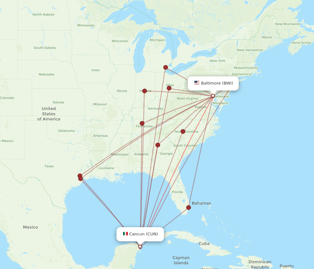 CUN-BWI flight routes