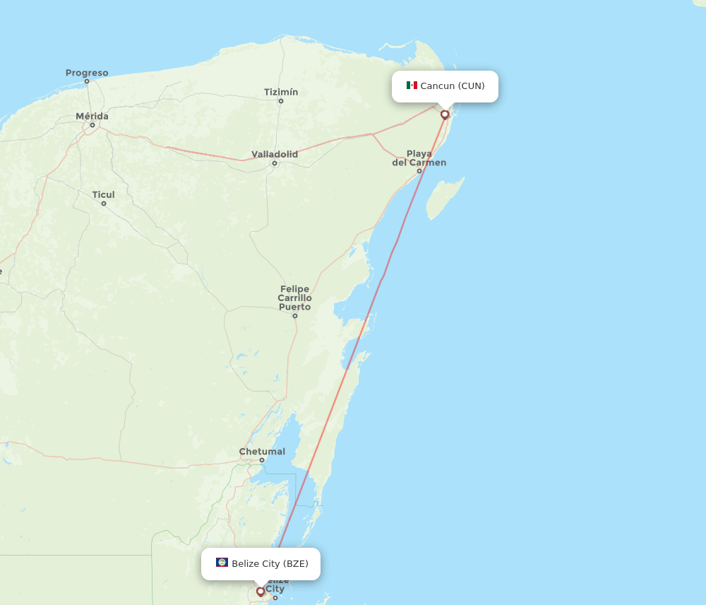 Cancun - Belize City route map and flight paths