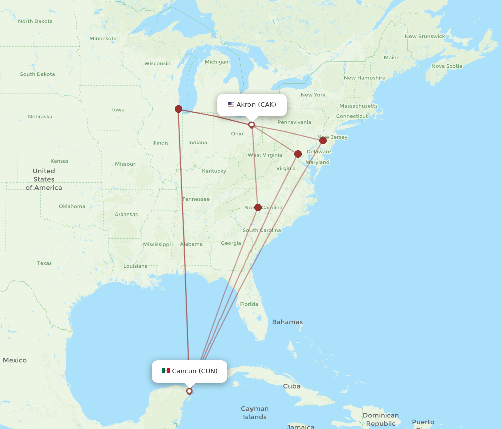 CUN to CAK flights and routes map